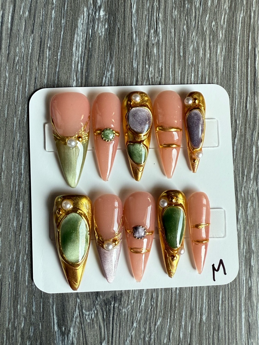Peach Stiletto Press-On Nails with Gold, Green & Lavender Accents